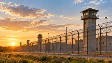 Prison fence at sunset